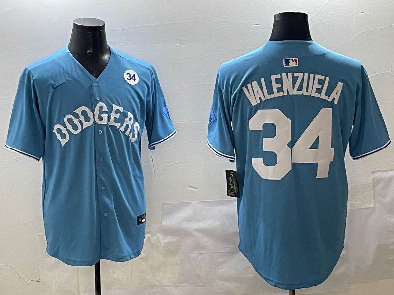 Men Los Angeles Dodgers #34 Valenzuela Light Blue Joint Name 2025 Nike MLB Jersey style 3166
